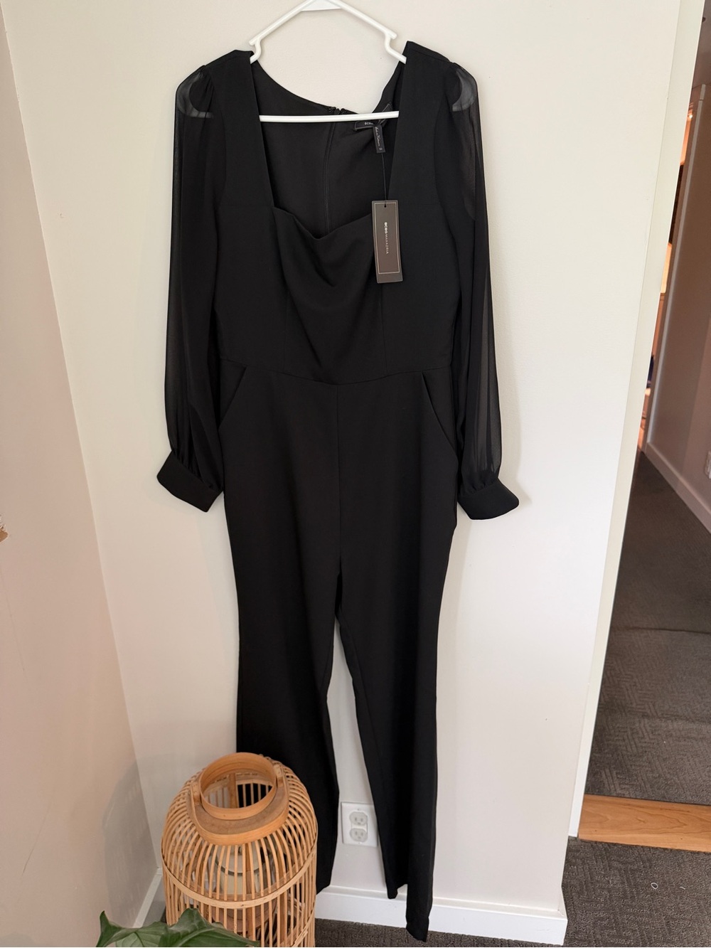 BCBG Maxazria Elegant Black Jumpsuit with Sheer Long Sleeves